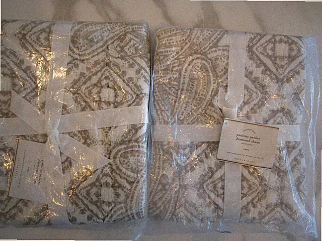 2 Pottery Barn Paulina Paisley diamond Euro quilted shams taupe New