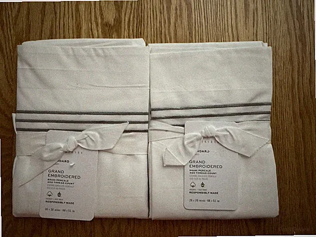 2 X Pottery Barn Grand Embroidered STANDARD Pillow Shams Grey Mist New