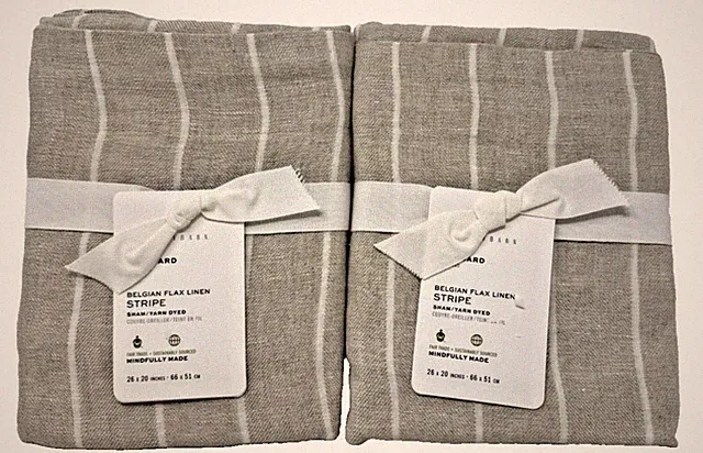 New Pottery Barn Belgian Flax Linen Stripe Standard Shams Set of 4 ~Flax~