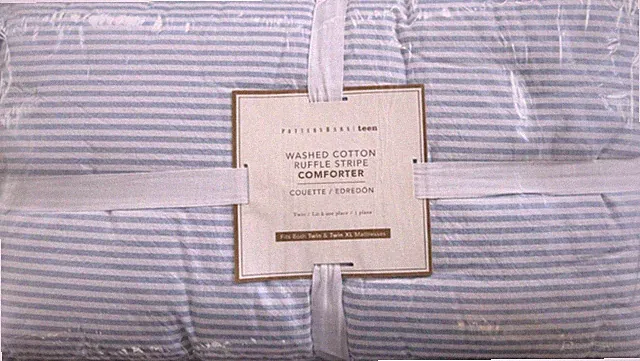 New Pottery Barn Teen Washed Cotton Ruffle Stripe Twin Comforter Chambray Blue