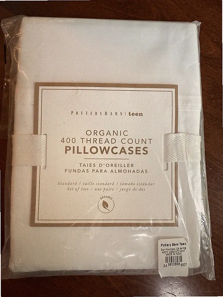 NWT White Organic 400 Thread Count Pottery Barn Teen 2 Standard Pillowcases NEW
