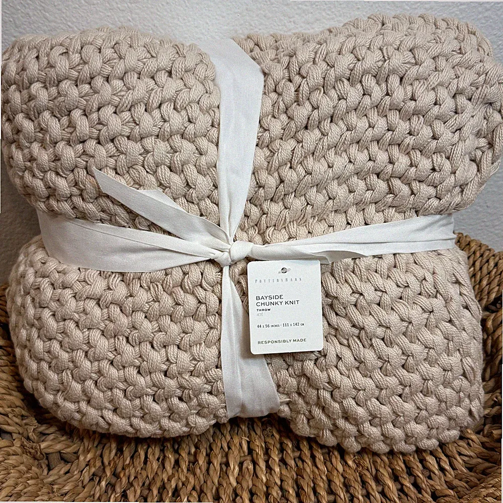 POTTERY BARN BAYSIDE SEED STITCH CHUNKY KNIT THROW BLANKET 44X56" OATMEAL BEIGE
