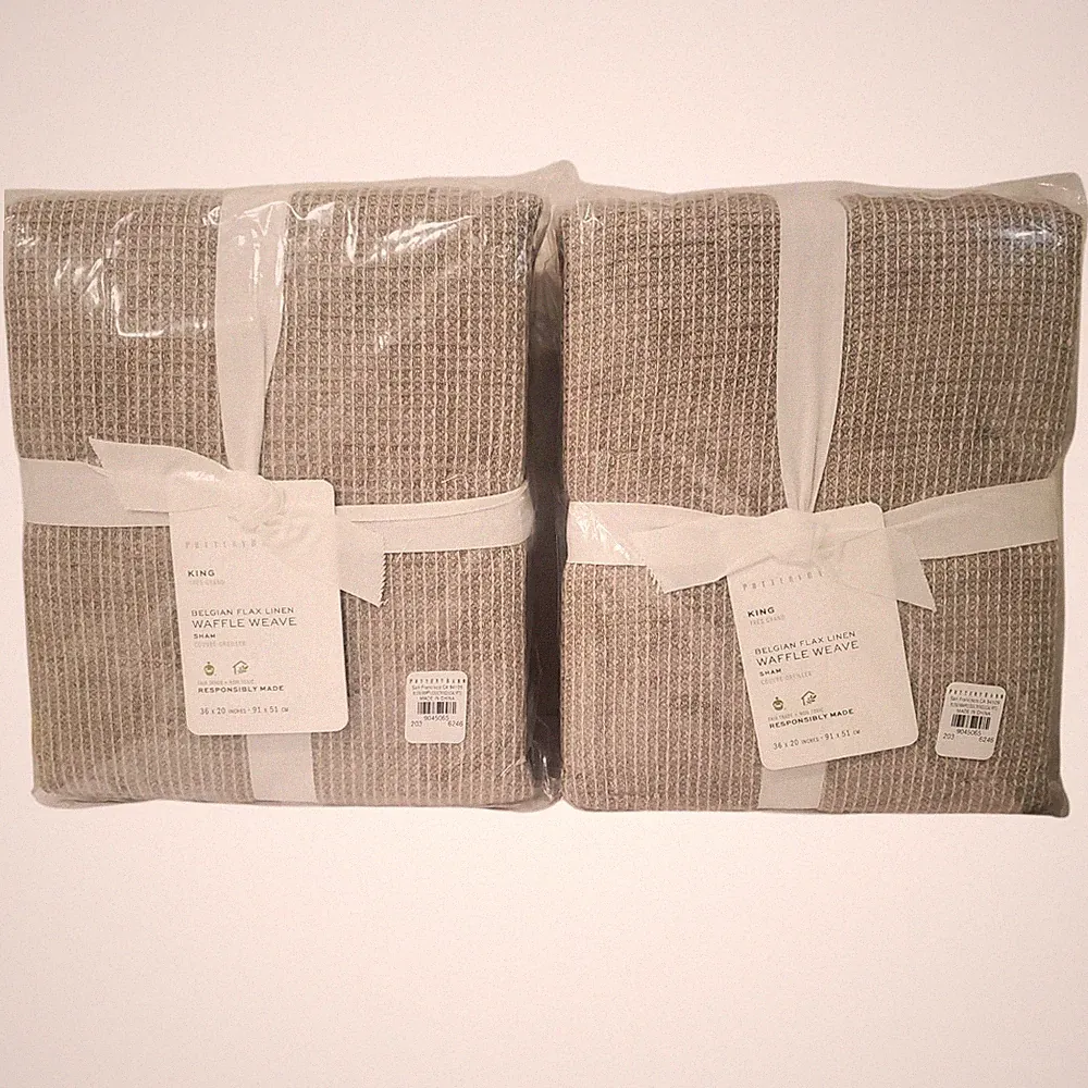 Pottery Barn Belgian Flax Linen Waffle Pillow Shams King Set Of 2 NWT Flax Color