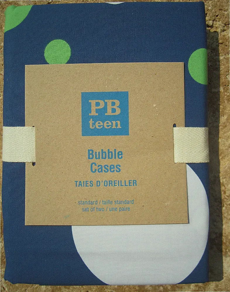 POTTERY BARN~BUBBLE PILLOWCASES NAVY~ WHITE, GREEN, BLUE DOTS ~ BEDDING PB TEEN