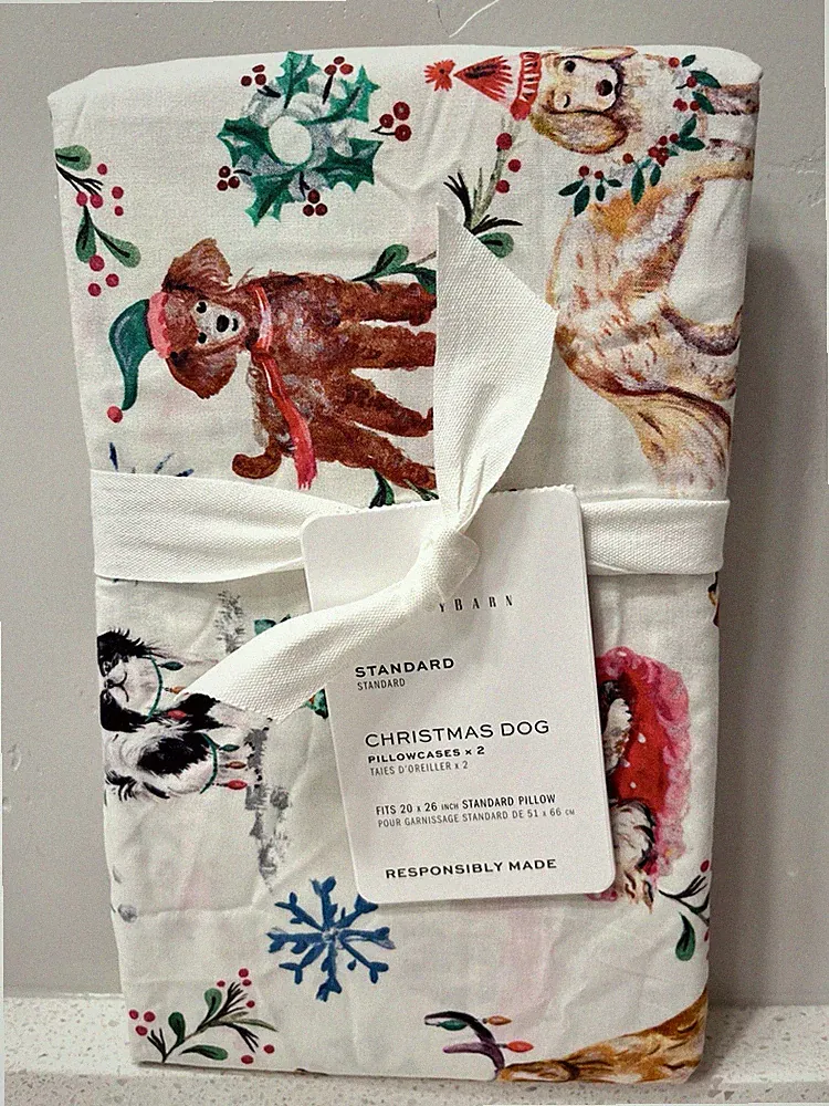 POTTERY BARN CHRISTMAS DOGS STANDARD PILLOWCASES SET 2 NEW HOLIDAY BEDDING