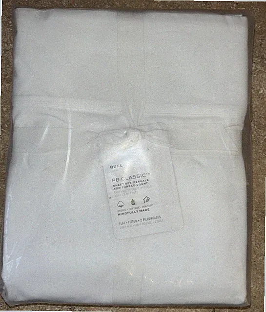 POTTERY BARN CLASSIC "QUEEN" SHEET 4 PC SET PERCALE 400 THREAD COUNT WHITE NWT