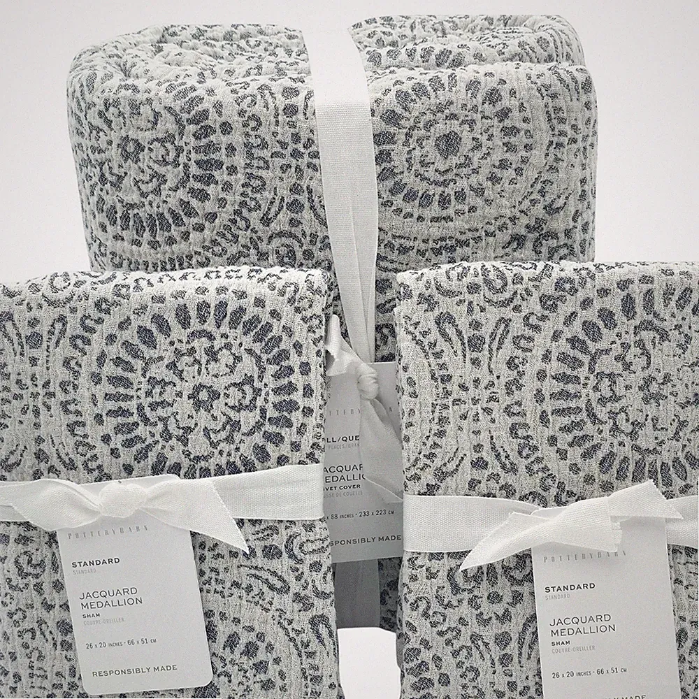 Pottery Barn Cotton Jacquard Medallion Full Queen Duvet Cover 2 Shams Blue Gray
