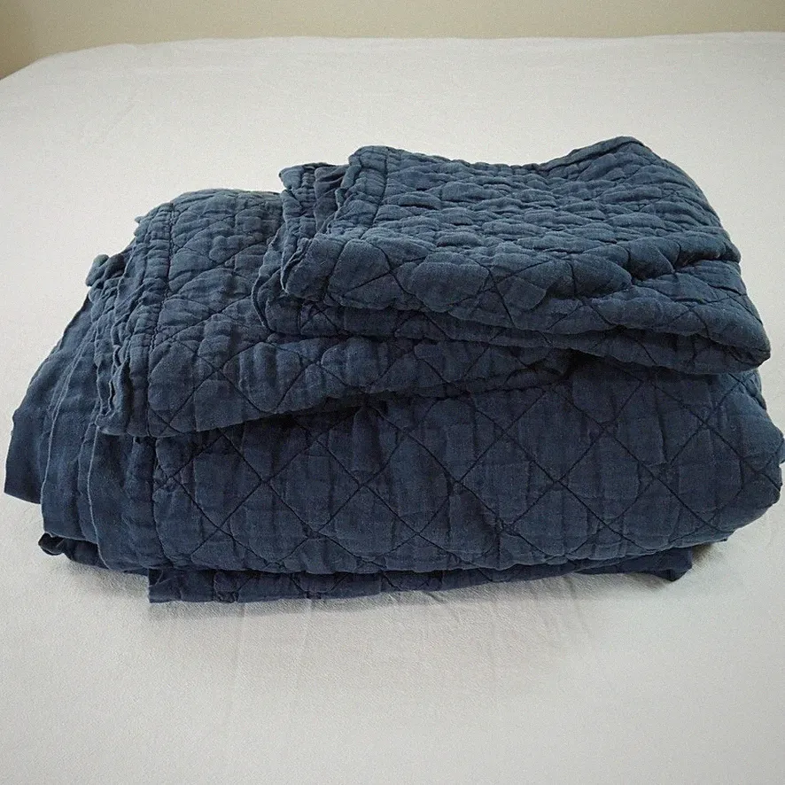 Pottery Barn Diamond Quilted Bedspread Navy Blue Full Queen 89x93” + Euro Shams