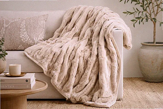 Pottery Barn Faux Throw Blanket Beige Champagne 50” x 60”