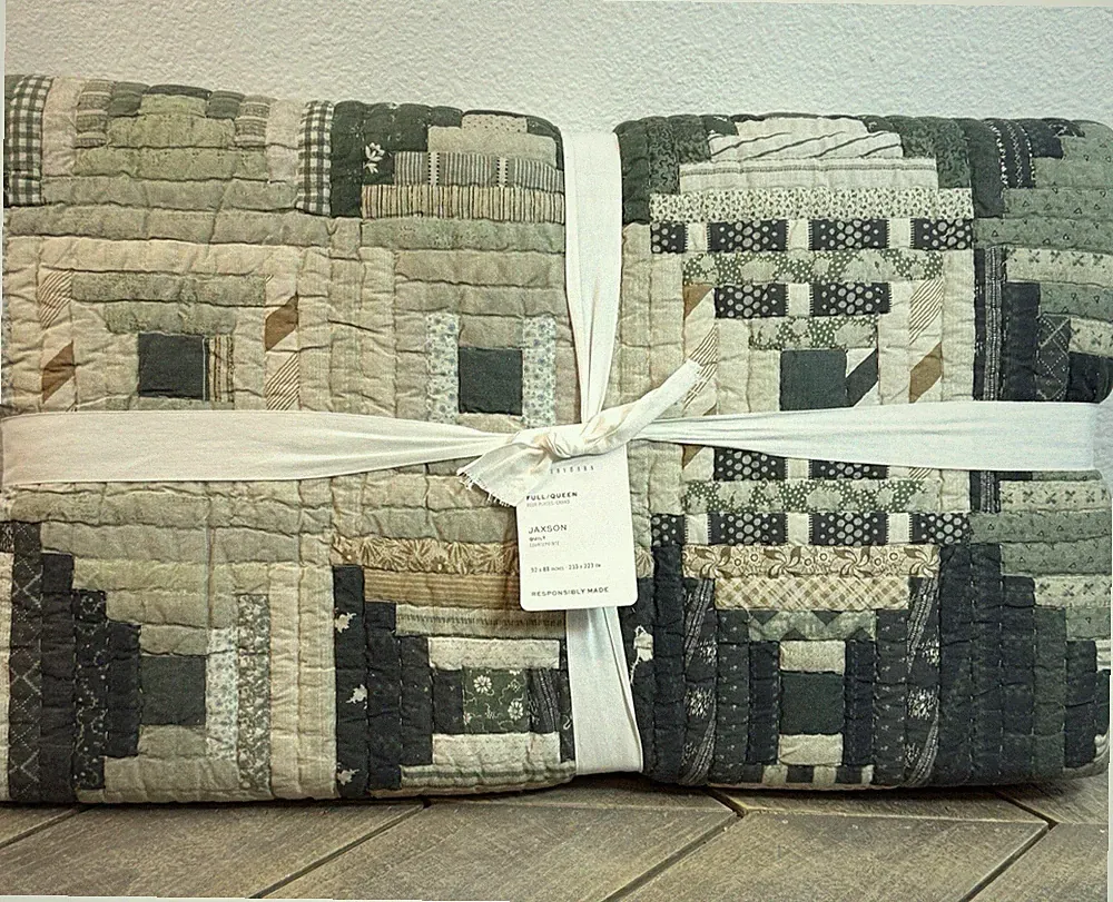 POTTERY BARN JAXSON REVERSIBLE QUILT FULL /QUEEN LODEN GREEN PATCHWORK BEDDING