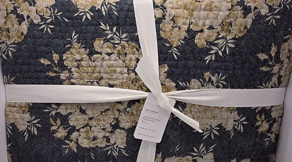 Pottery Barn Juliette Pickstitch Quilt Full Queen Blue Floral Cottage Luxury