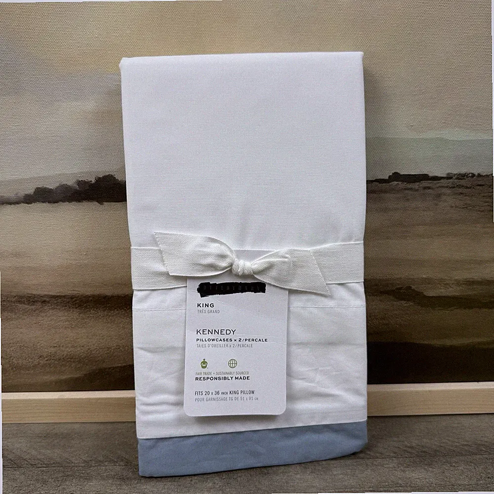 Pottery Barn Kennedy King Pillowcases Set/ 2 White Chambray Blue NWT