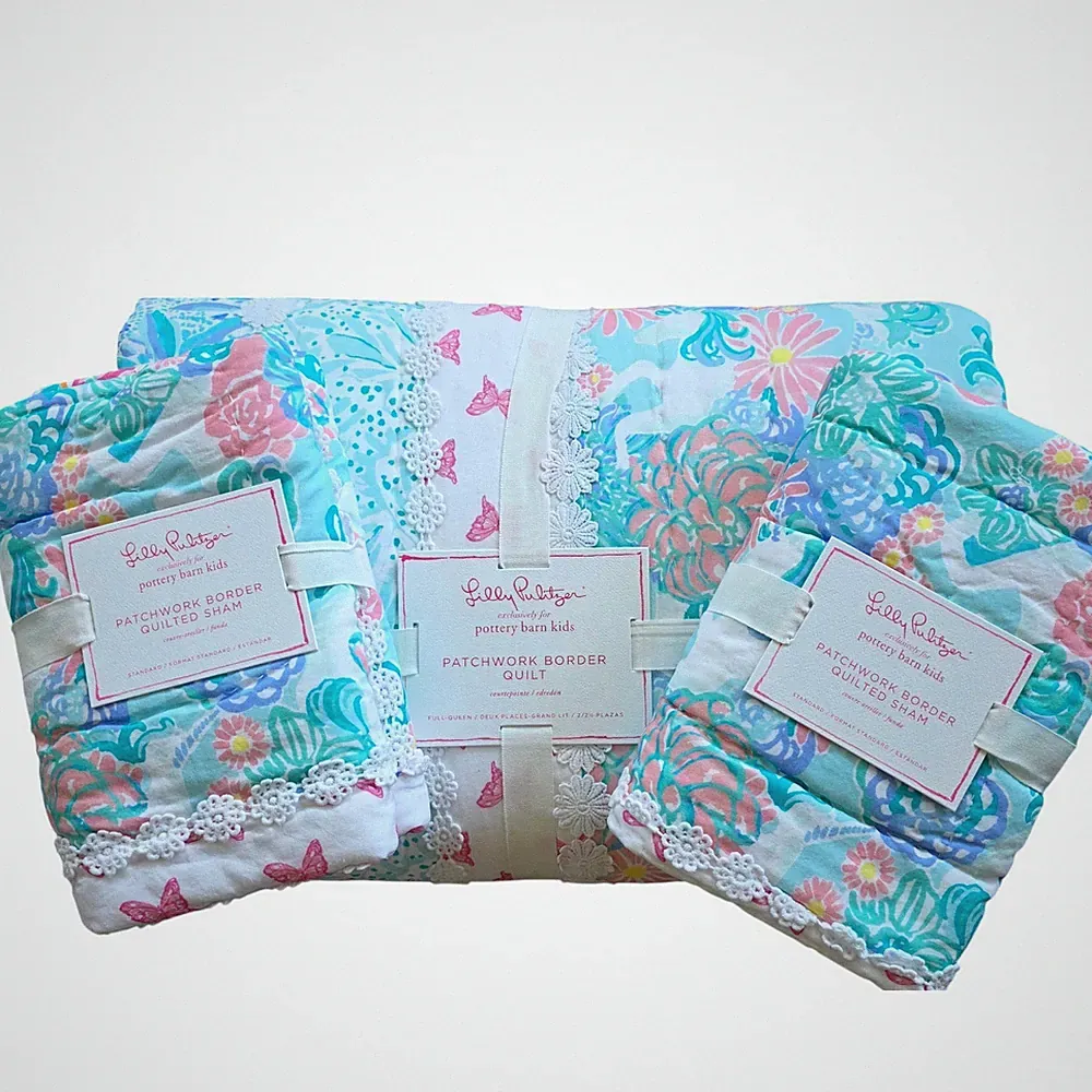 Pottery Barn Kids Lilly Pulitzer Patchwork Border Full Queen Quilt & 2 Shams