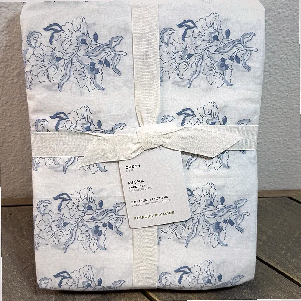 POTTERY BARN MICHA FLORAL SHEET SET QUEEN BLUE COTTON BEDDING SOFT