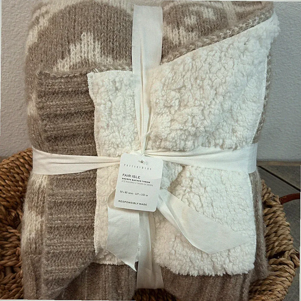 POTTERY BARN MODERN FAIR ISLE KNIT SHERPA BACKED THROW BLANKET 50 x 60” NEUTRAL