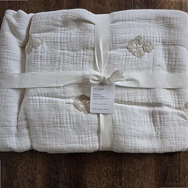 Pottery Barn Natalie Embroidered Coverlet Blanket Full/Queen Flax/Neutral