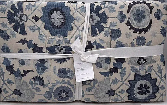 Pottery Barn Penelope Floral Handcrafted FULL / QUEEN Quilt ~ Blue