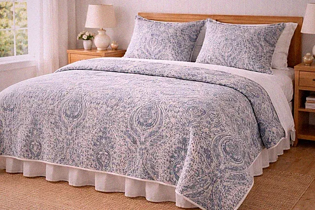 Pottery Barn Quilted Blue Full/Queen Coverlet Blanket Standard Sham Set