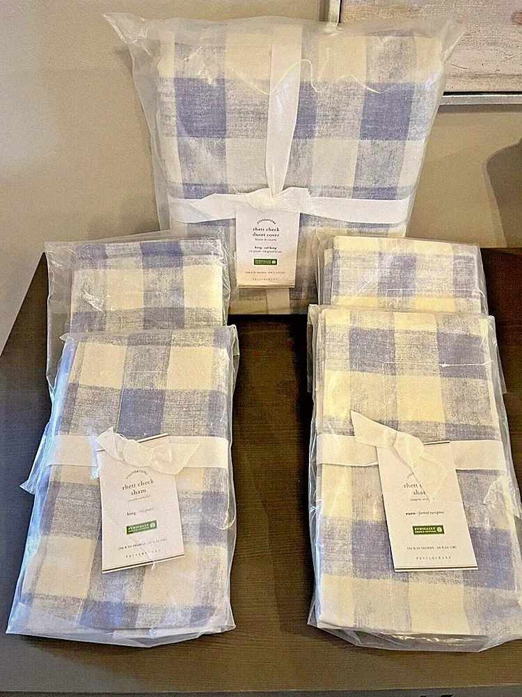 Pottery Barn Rhett Check Organic Percale 5 pc SET King Duvet Shams and Euro NEW
