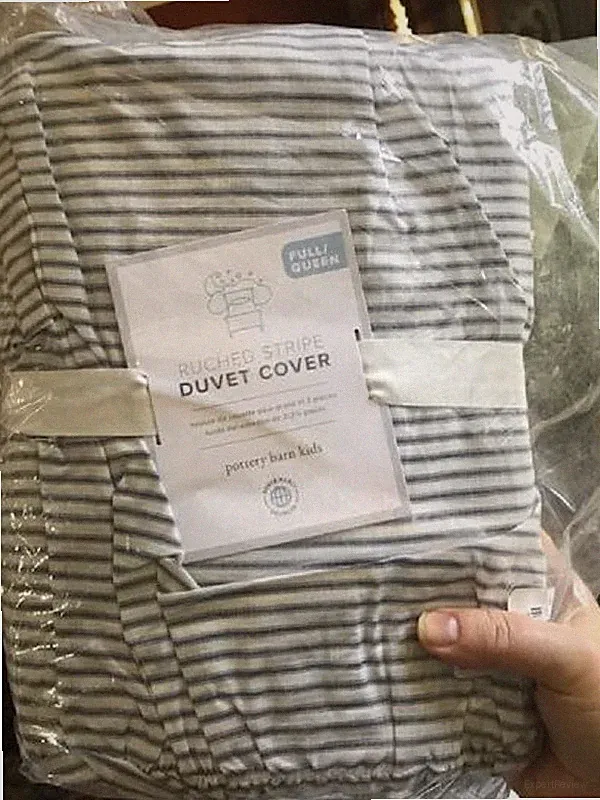 Pottery Barn Ruched Striped Duvet Cover Set Gray Queen 2 Standard Shams Kids 3p