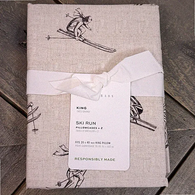 POTTERY BARN SKI RUN PILLOWCASES SET (2) KING, RUSTIC LODGE CABIN SNOW SKI
