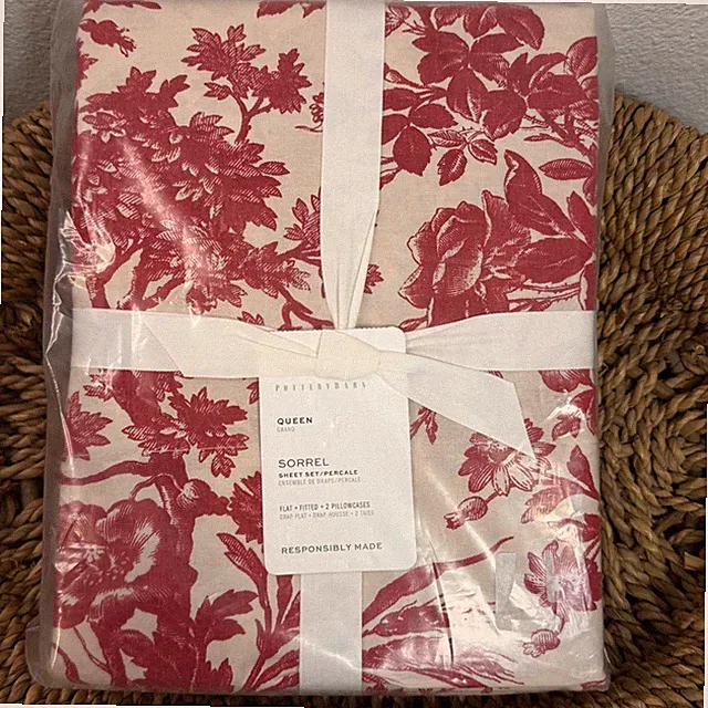 POTTERY BARN SORREL SHEET SET, QUEEN ~ RED TOILE