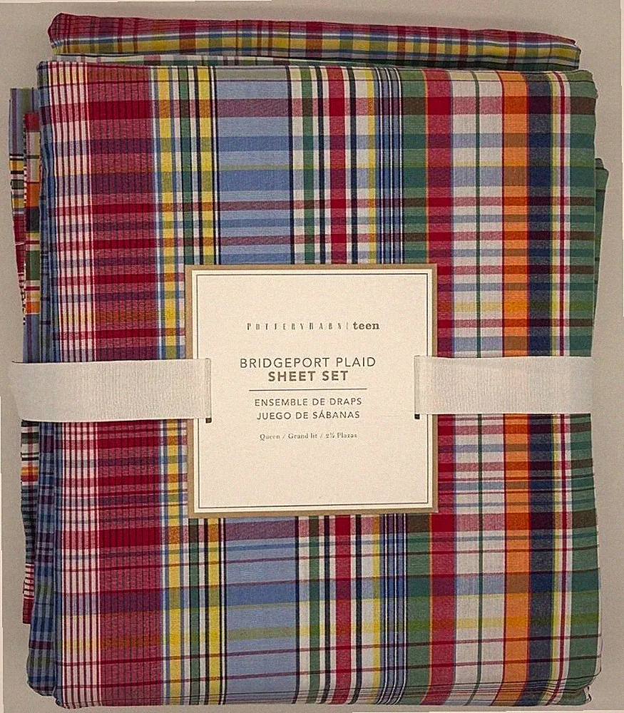 Pottery Barn Teen Bridgeport Plaid QUEEN Sheet Set ~ Multi