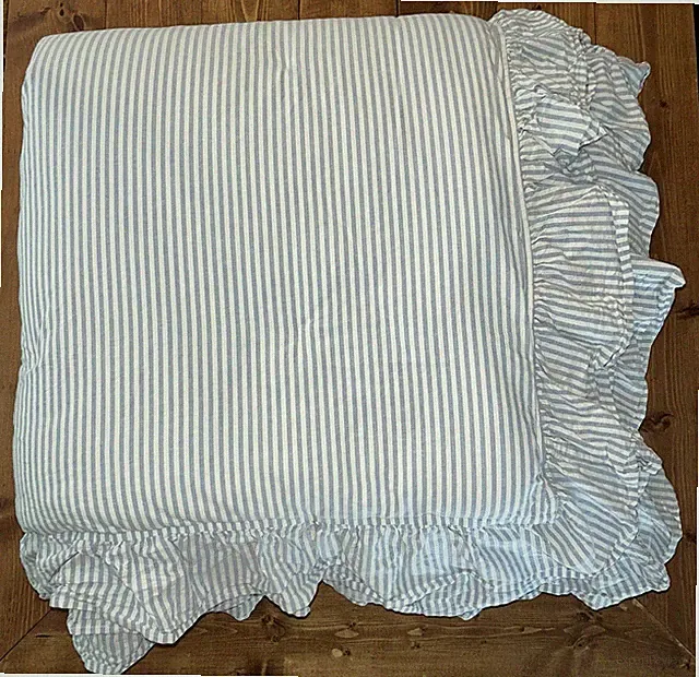 Pottery Barn Teen Washed Cotton Ruffle Stripe Comforter Chambray Blue Full Queen
