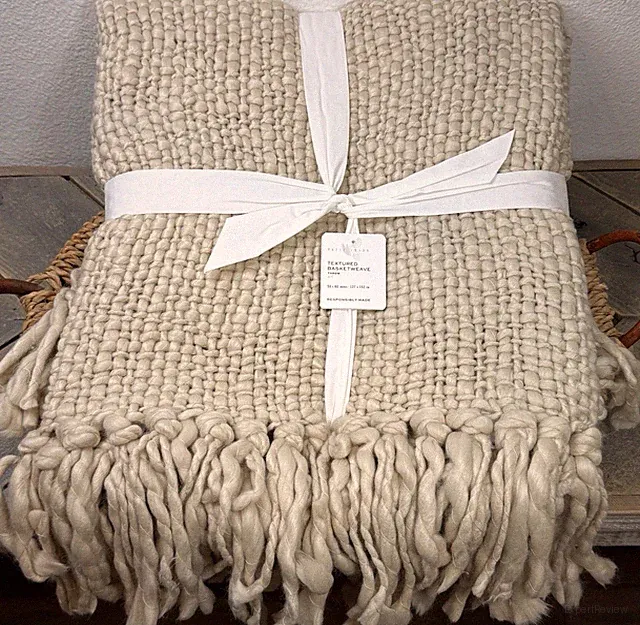 POTTERY BARN TEXTURED BASKETWEAVE THROW BLANKET 50 X 60" ~ OATMEAL BEIGE