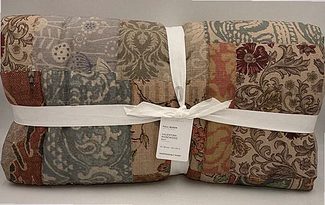 Pottery Barn Valentina Rosewood Patchwork Cotton Linen Quilt Full Queen #U2043