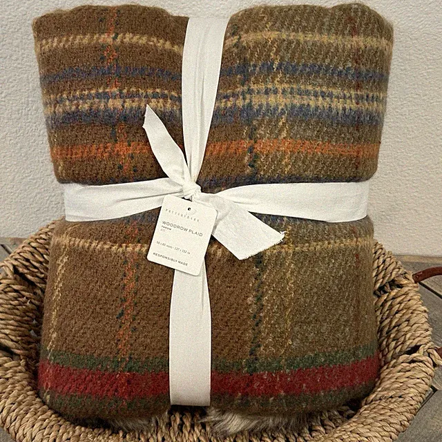 POTTERY BARN WOODROW PLAID FAUX FUR THROW BLANKET 50 X 60" ~ BROWN MULTI